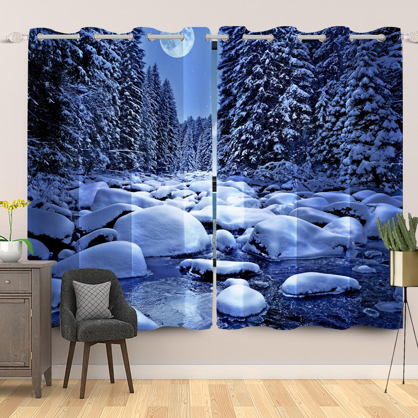 

2 шт. Зимний пейзаж Шторы Снежное поле Сосновый лес Пейзаж Спальня Гостиная Оконные драпировки Шумоподавление Светонепроницаемая штора 50x120cm 2pcs