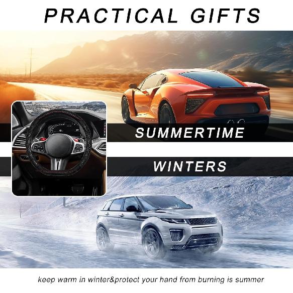 Car Steering Wheel Cover, 15 Inches Leather Comfy Grip Steering Wheel Protector with 3D Honeycomb, Anti-Slip D-Shaped Wheel Wrap Cover for Most