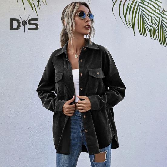 Spring Fall Coat with Chest Pockets Button-down Turn-down Collar Solid Color Corduroy Jacket Loose Casual Outerwear for Travel Work