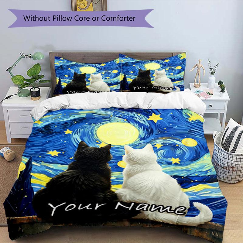 3PC Custom Name Night Sky Cats Bedding Set Printed Bedding Set Duvet Cover Closure Includes 1 Duvet Cover & 2 Pillowcases for All Seasons Bedroom
