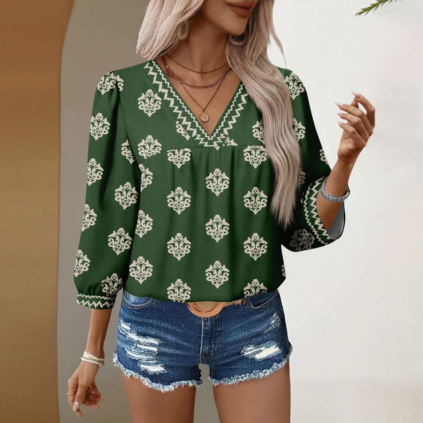 

Women s Casual V Neck Floral Print Blouses 3/4 Sleeve Boho Fall Tops Shirts S