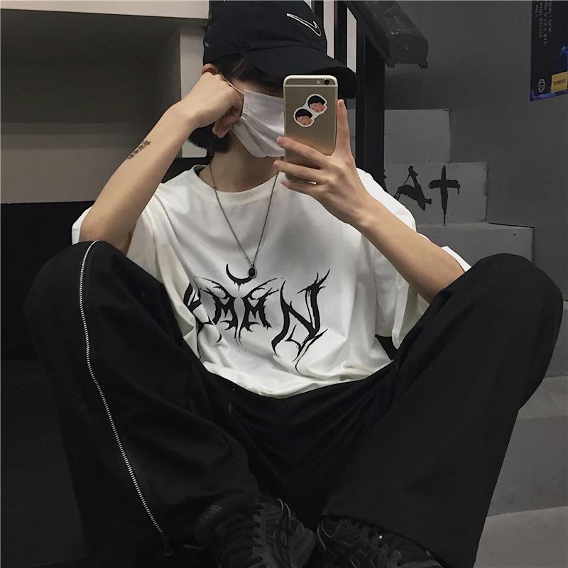 Women T Shirt Hip-Hop Loose Punk Letter Print Tops Tee Black T-shirt Female Summer T-shirt 90s Graphic Tee Female Cute Tops Tee Unisex