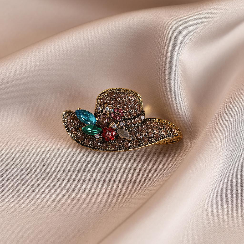 Solhattbrosch med diamanter, High-end, Lätt lyx, Retro damlegeringsbrosch, Mångsidig nål