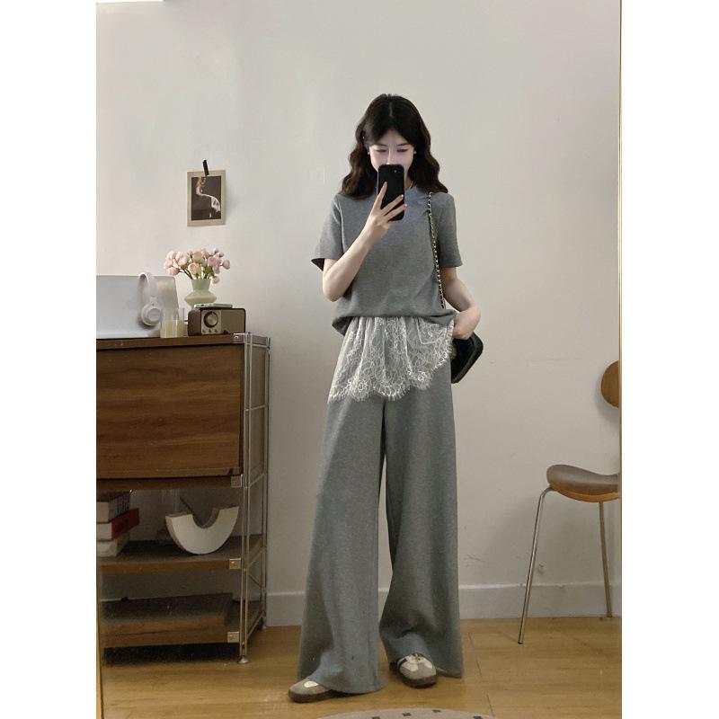 Plus Size Women s Elegant Casual Top & Lace-Trimmed Wide-Leg Pants Set 3XL серый