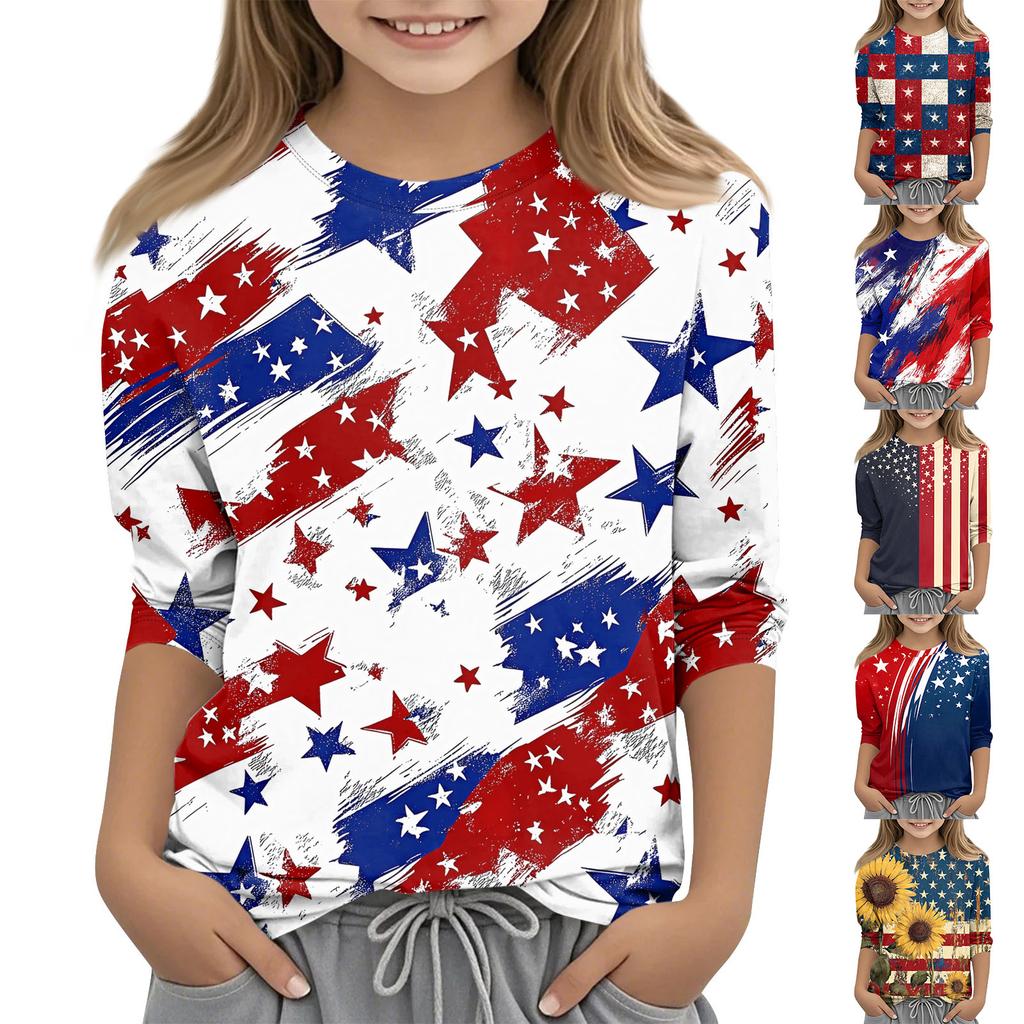 Kinder 3/4 Ärmel Tops Casual Print T Shirt Rundhals Pullover Bluse