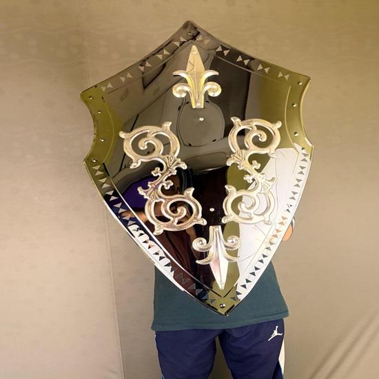 Polished Steel Knight Shield with Fleur De Lis Medieval Armor Prop, Wall Decor