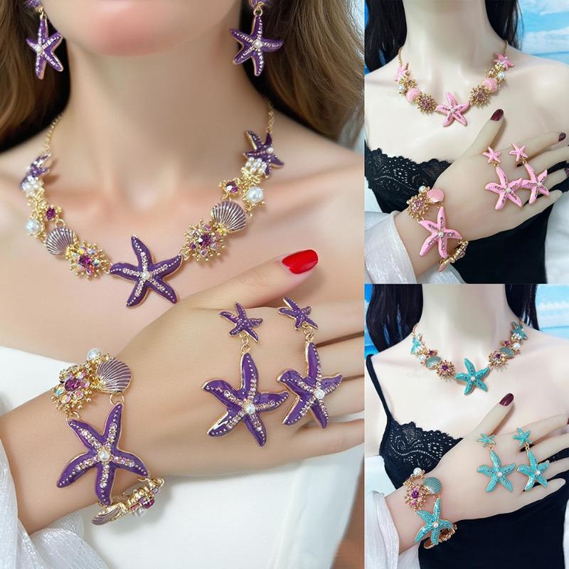 Island style beach starfish vacation four-piece set chain alloy diamond-encrusted bohemian shell jewelry