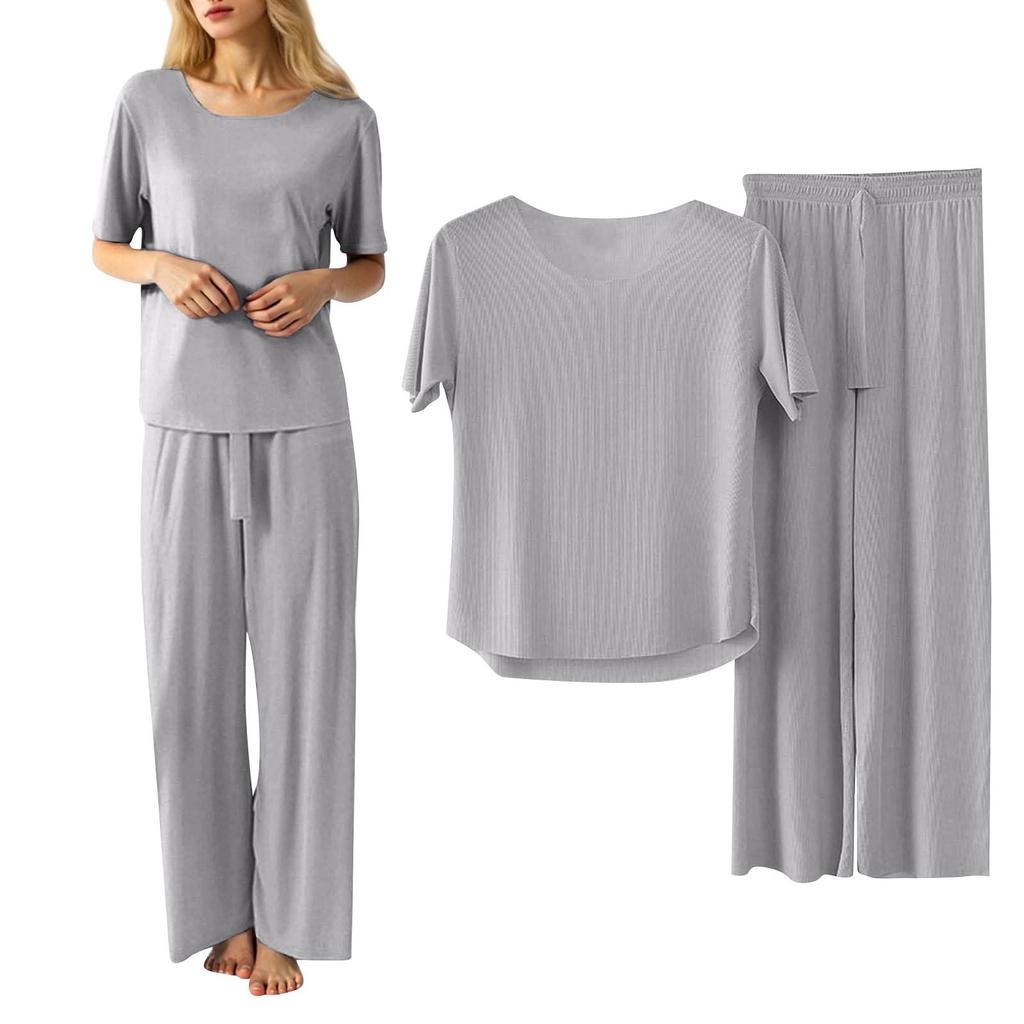 Ladies Casual Pajamas Set Solid Color Round Neck Short Sleeve Top Nine Minute Pants Two Piece Set