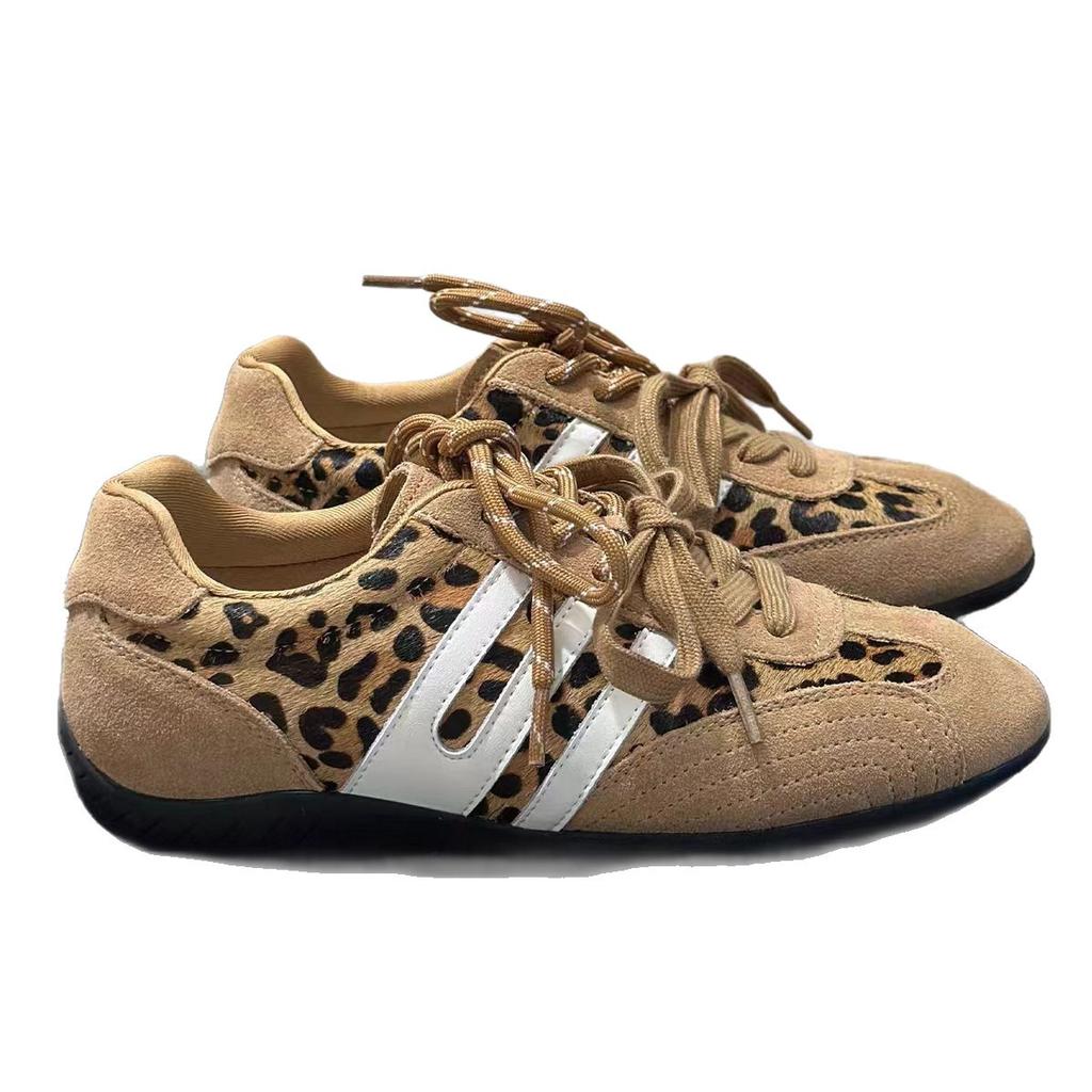 Retro Leopard Print Lace-up German Training Shoes Women's 2025 Early Autumn New Bo Bottom Inner Height-increasing Racing Shoes Sports Casual Shoes