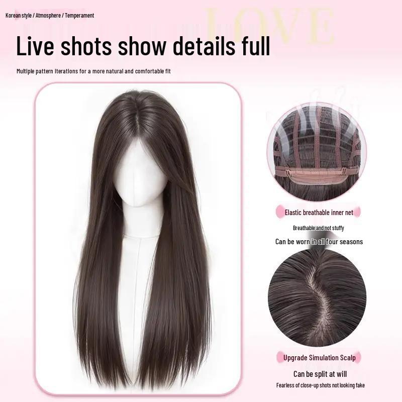 Women's Black Long Straight Seamless Synthetic Wig for Daily Use