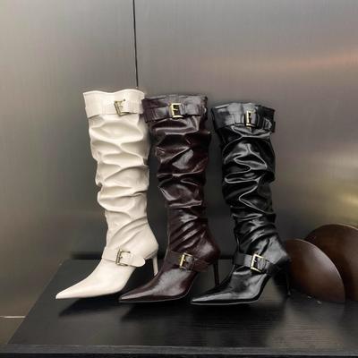 Fashion Pointed Toe Thin Sole Stiletto Heel Plus Size Pleated Mid-leg Boots Women's Shoes