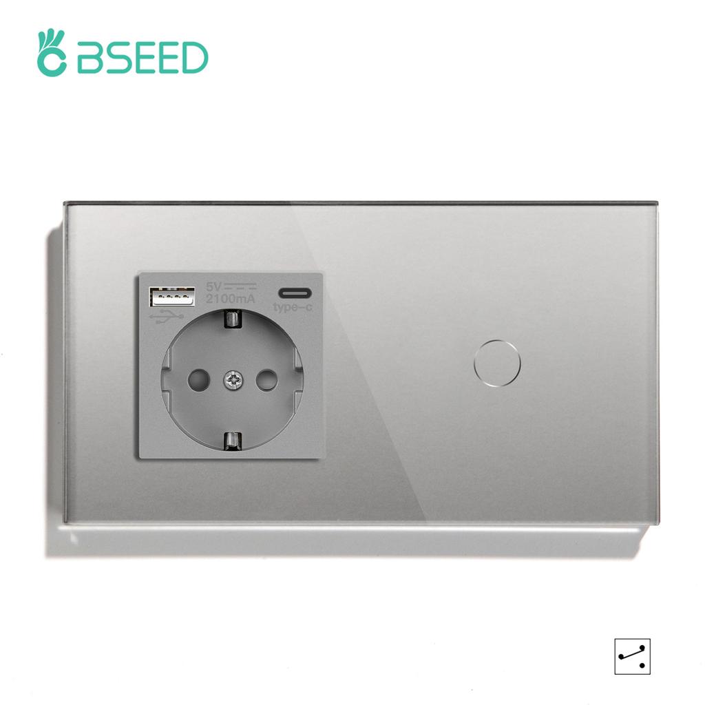 BSEED 1/2/3Gang Touch Light Switches 1/2/3Way Stair Sensor Switches For Hallway Corridor With Socket EU Standard Glass Panels