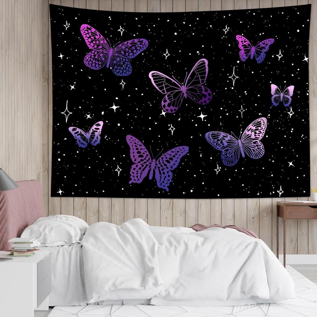 Purple Butterfly Tapestry Wall Hanging Black Starry Night Sky with Celestial Galaxy Wall Tapestry Bohemian Wall Decor Bedroom