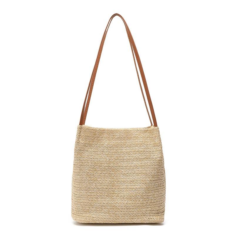 Straw Bag Women's New Fashion Portable Beach Bag Simple Woven Shoulder Bucket Bag