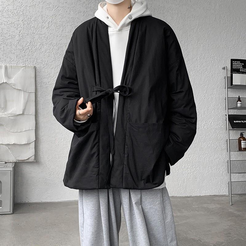 New Winter Cotton Linen Blend Padded Jacket Mens Loose Casual Open Front Coat