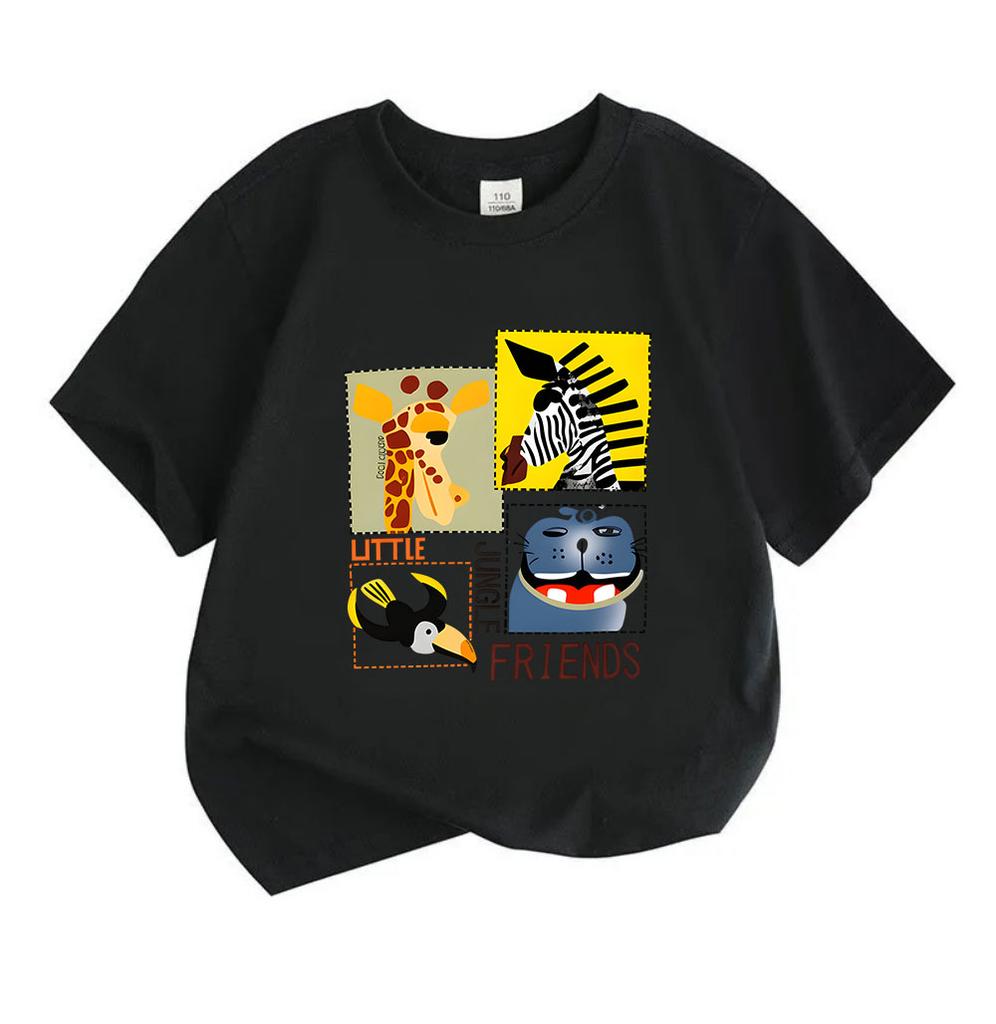 Kids Boys Girls 100% Cotton Crew Neck Short Sleeve T-Shirt, Cute Little Jungle Friends Giraffe Zebra Toucan Animal Printed Casual Tee for Daily Wear