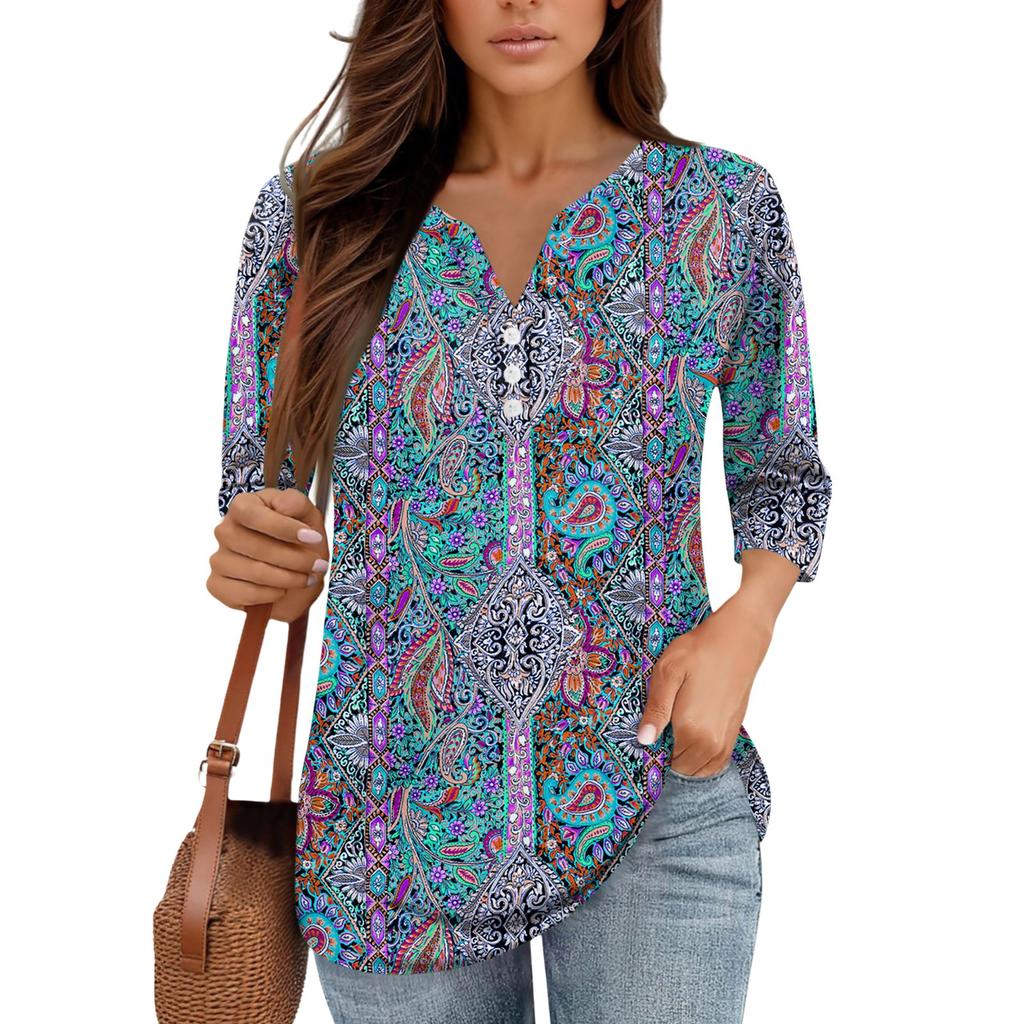 3/4 Length Sleeve Women's Tops Print Vintage Fashion Casual Loose With V Neck Plus Size Shirts Tops