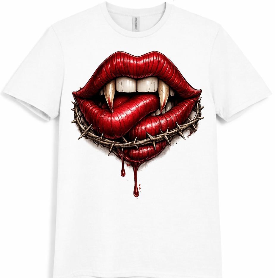Vampir Lippen T-Shirt Gothic Reißzähne Horror Blut Tattoo Stil Halloween Tee