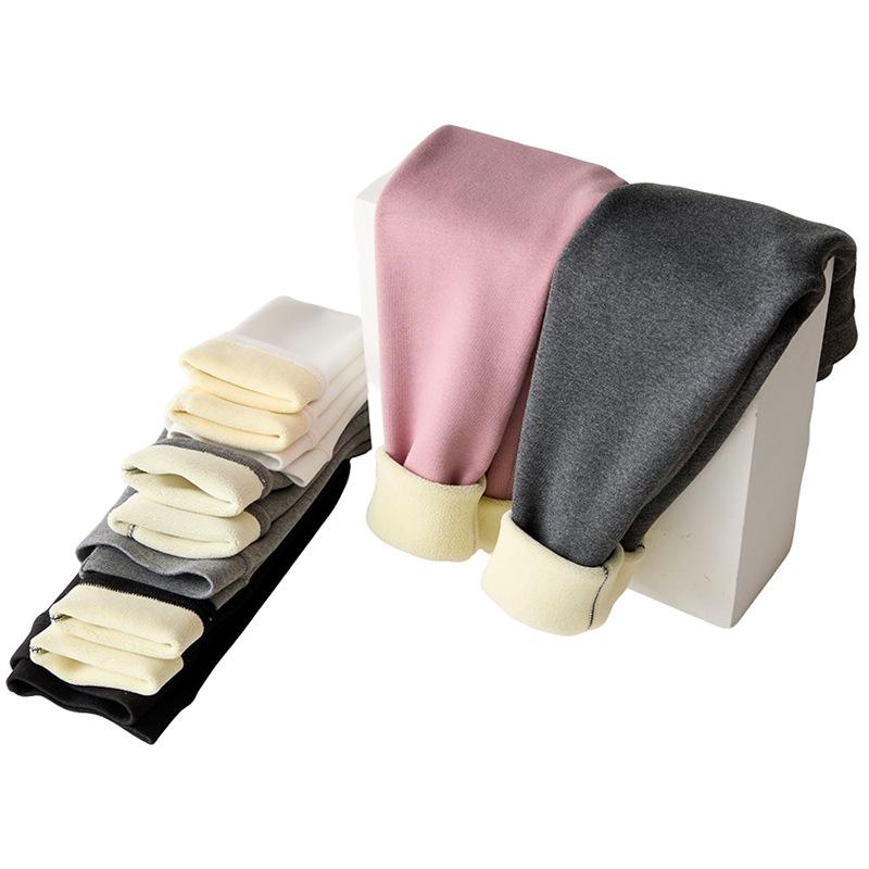 Leggings épais en coton doublé polaire pour filles - Pantalons d'hiver chauds de couleur unie