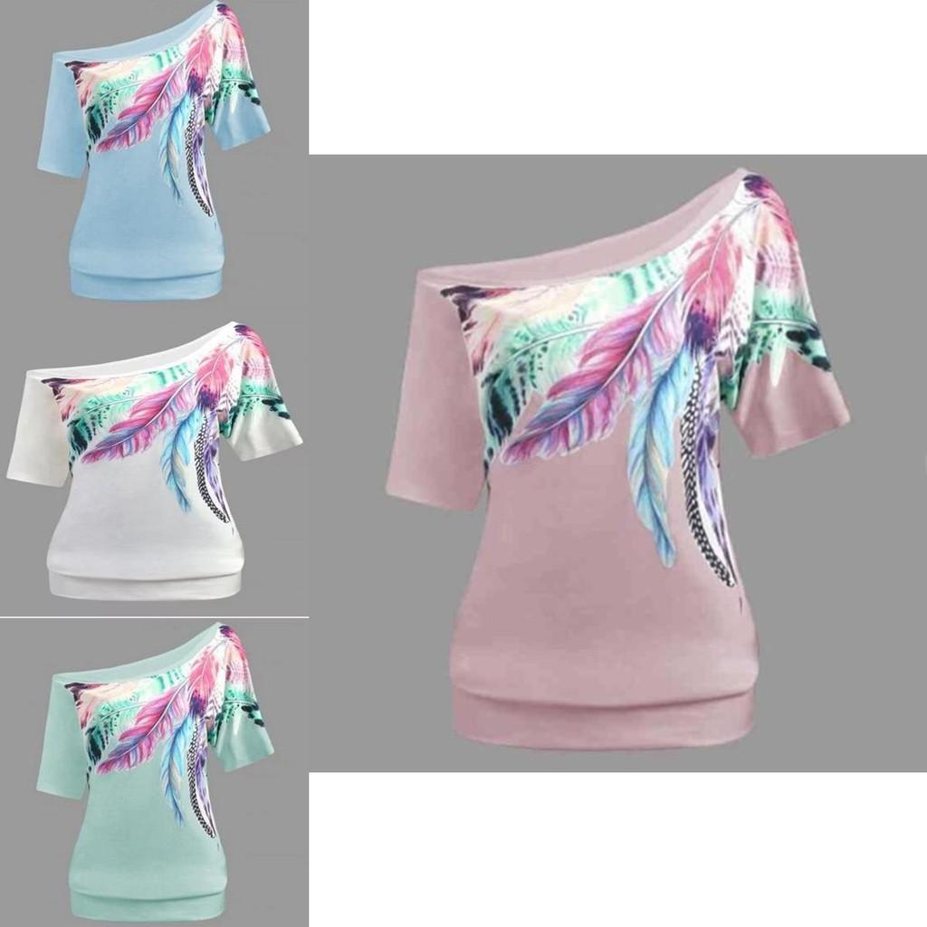 Luxurious Off The Shoulder Floral Print Short Sleeve Women's T-shirts Top Plus Size
