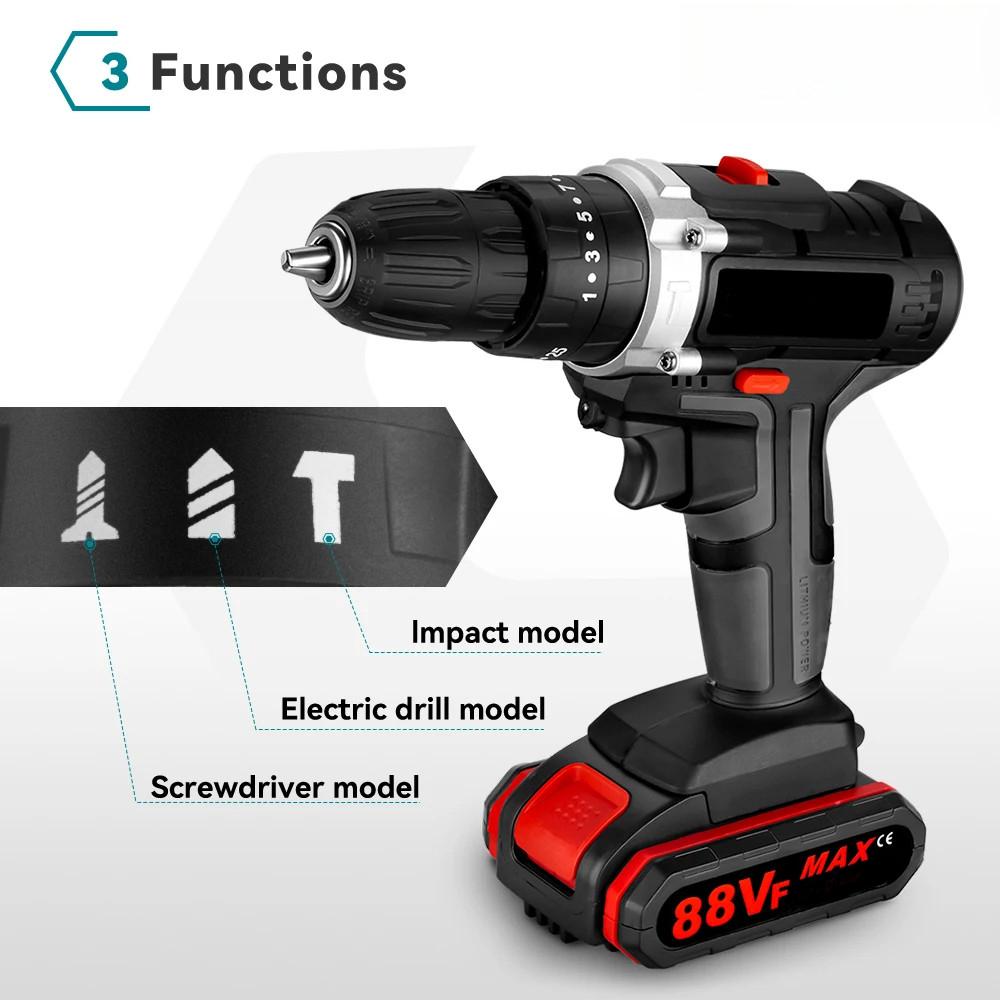 25+3 Torque Cordless Portable Electric Impact Drill Screwdriver Household Efficient Woodworking DIY Power Tool