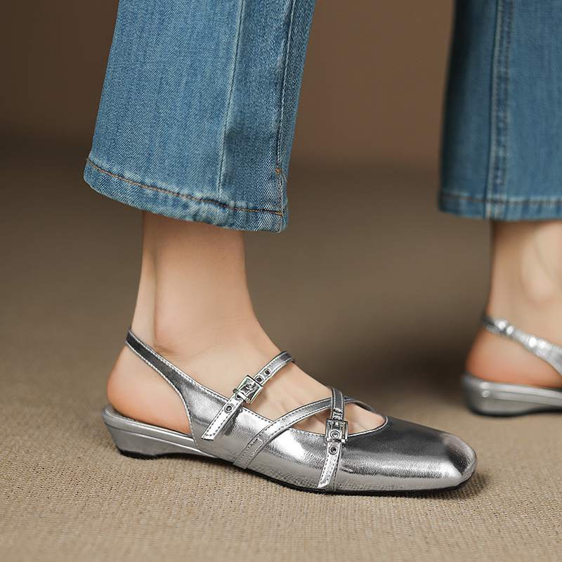 

Krazing Pot Cow Skin Summer Size 42 Slingback European Design Thin Low Heels Women Red Color Square Toe Sandals 42 серебряный