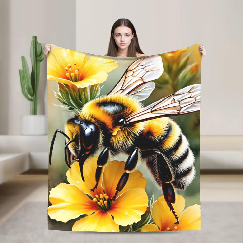 Bee and Flowers Flannel Blanket Adults Child Warm Bedding Throws Winter Home Decor Bedspread Sofa Bed Cover