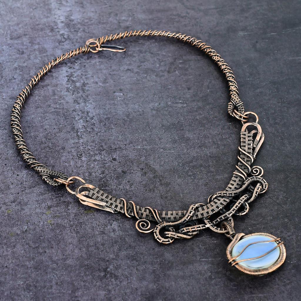 Natural Milky Opal Gemstone Handmade Copper Wire Wrap Jewelry Necklace 18" Z6t15