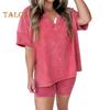 2 Teile/satz Frauen Sommer Sportswear-Set V Neck Side Split Kurzen Ärmeln Lose T-shirt Elastische Taille Mini Hosen Set Trainingsanzug Sport kleidung