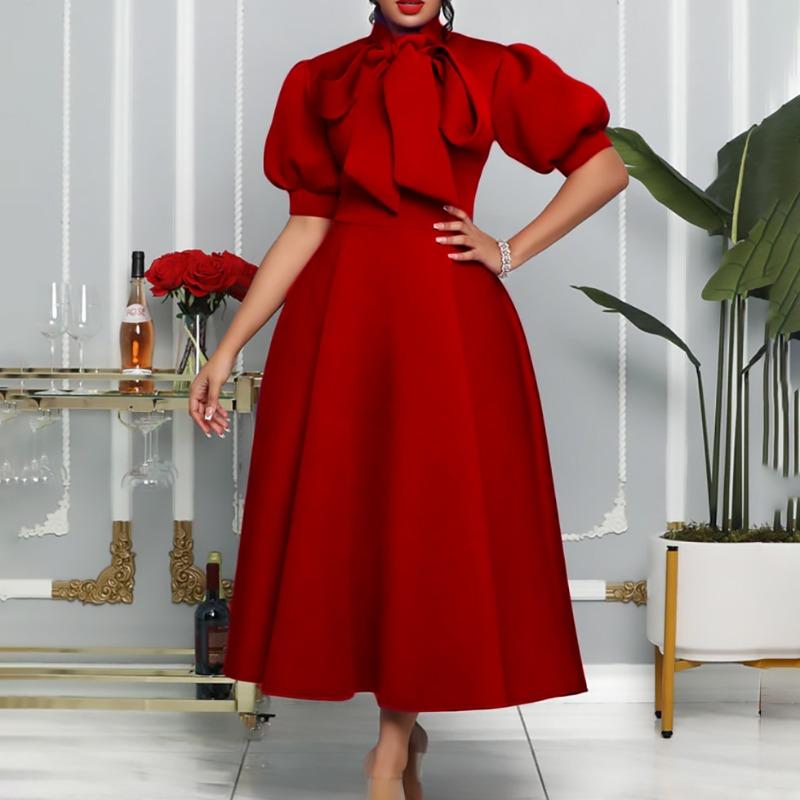 Large Size Women's Clothing Summer New Bow Socialite Solid Color Banquet Dress Skirt Short Sleeve Dress