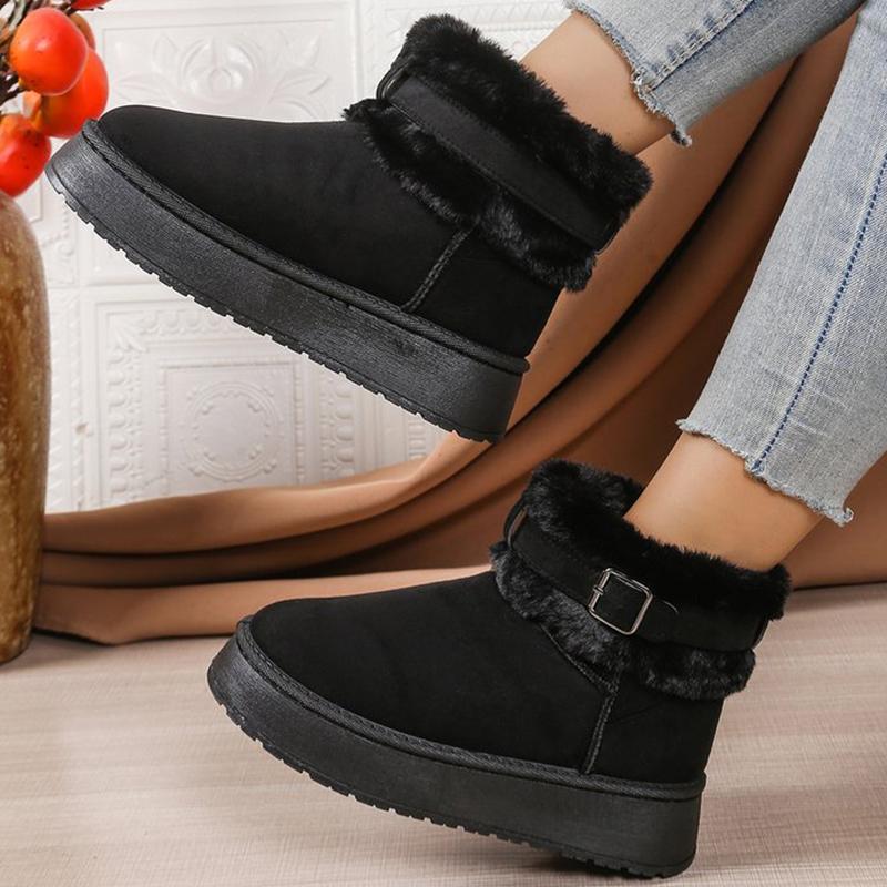 Fashion 2025 Winter Soft Faux Fur Snow Boots Woman Fashion Buckle Detor Platform Boots for Women Solid Color Casual Shoes Falts Female