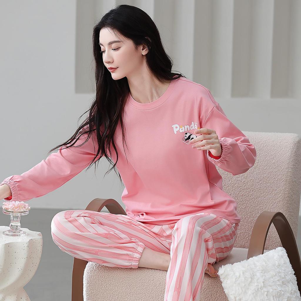Ensemble de Pyjama pour Femme 100% Coton – Respirant, Absorbant la Sueur, Manches Longues Col Rond pour Porter à l'Intérieur et à l'Extérieur (Automne hiver)