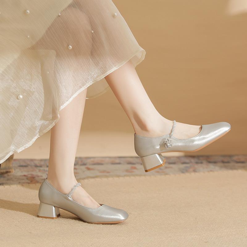 57708 [sheepskin] high heels women's thick heel new rhinestone word with Mary Jane shoes square head shallow mouth single shoes