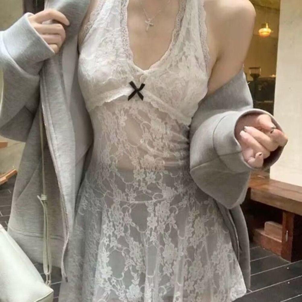 Polyester Lace Halter Dress V-neck Beachwear New Hollow Out Camisole  Women
