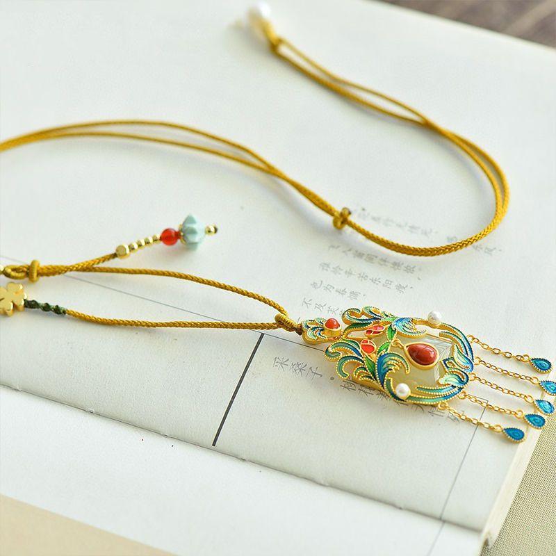Natural Hetian Jade Enamel Tassel Necklace Pendant Luxury Courtly Style Vintage Glamour Chains Wedding Jewelry For Women