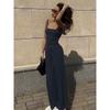 H Home European and American Women's Clothing Street Casual Dark Blue Sling Pants Suit Basic Open Back Tops + Straight-Leg Pants Female