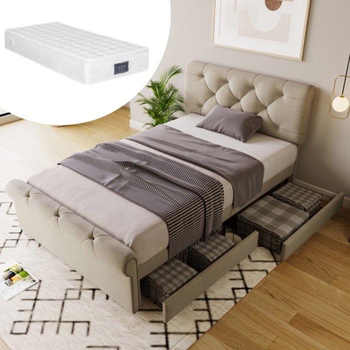 Cadre De Lit Avec 2 Tiroirs, Lit Simple Rembourré 90x200 Cm, Tête De Lit Réglable En Hauteur, Couleur Naturelle, Matelas Inclus
