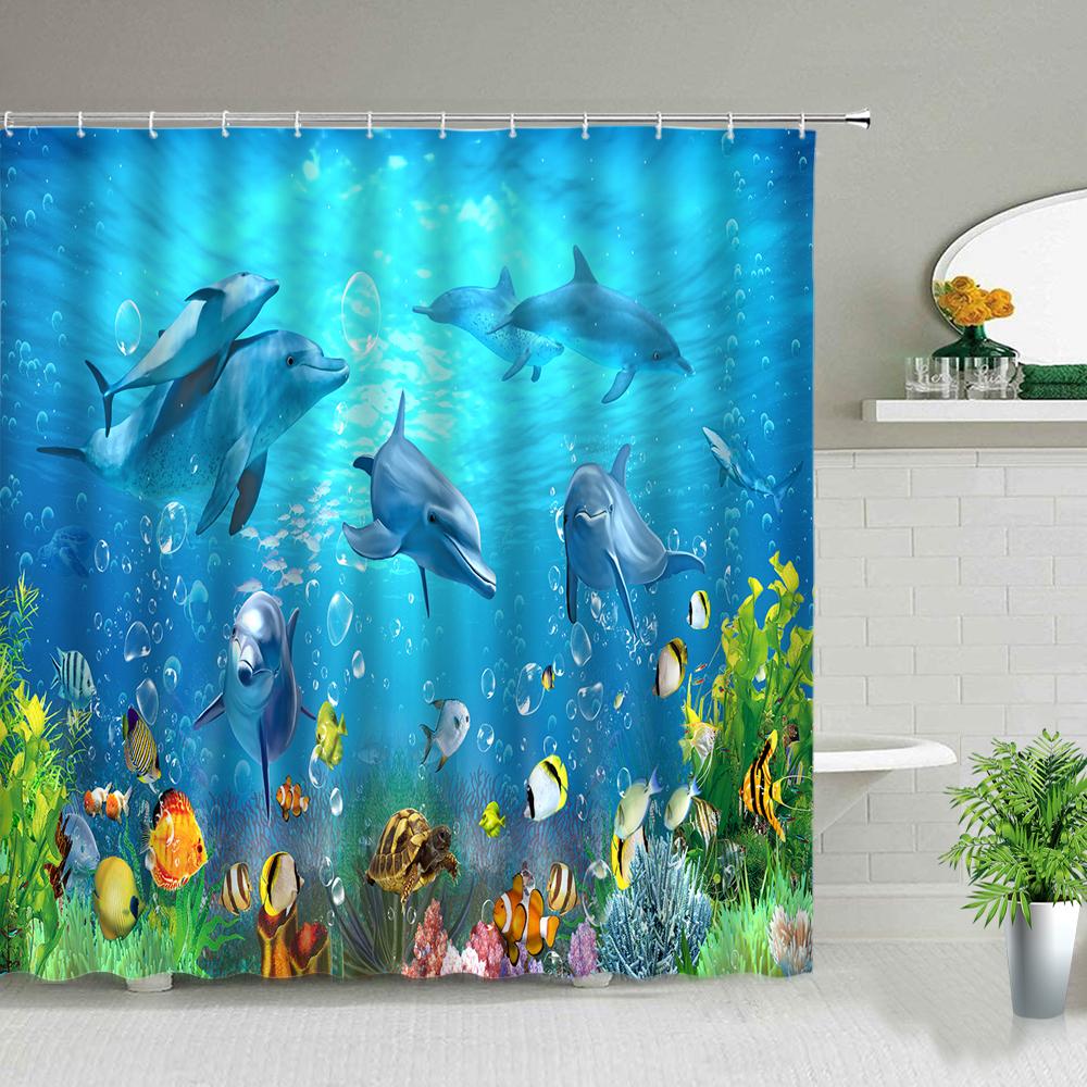 Funny Dolphin Shower Curtains Cute Ocean Animal Blue Seawater Sea Wave Scenery Bathroom Decor Cloth Hanging Curtain With Hooks