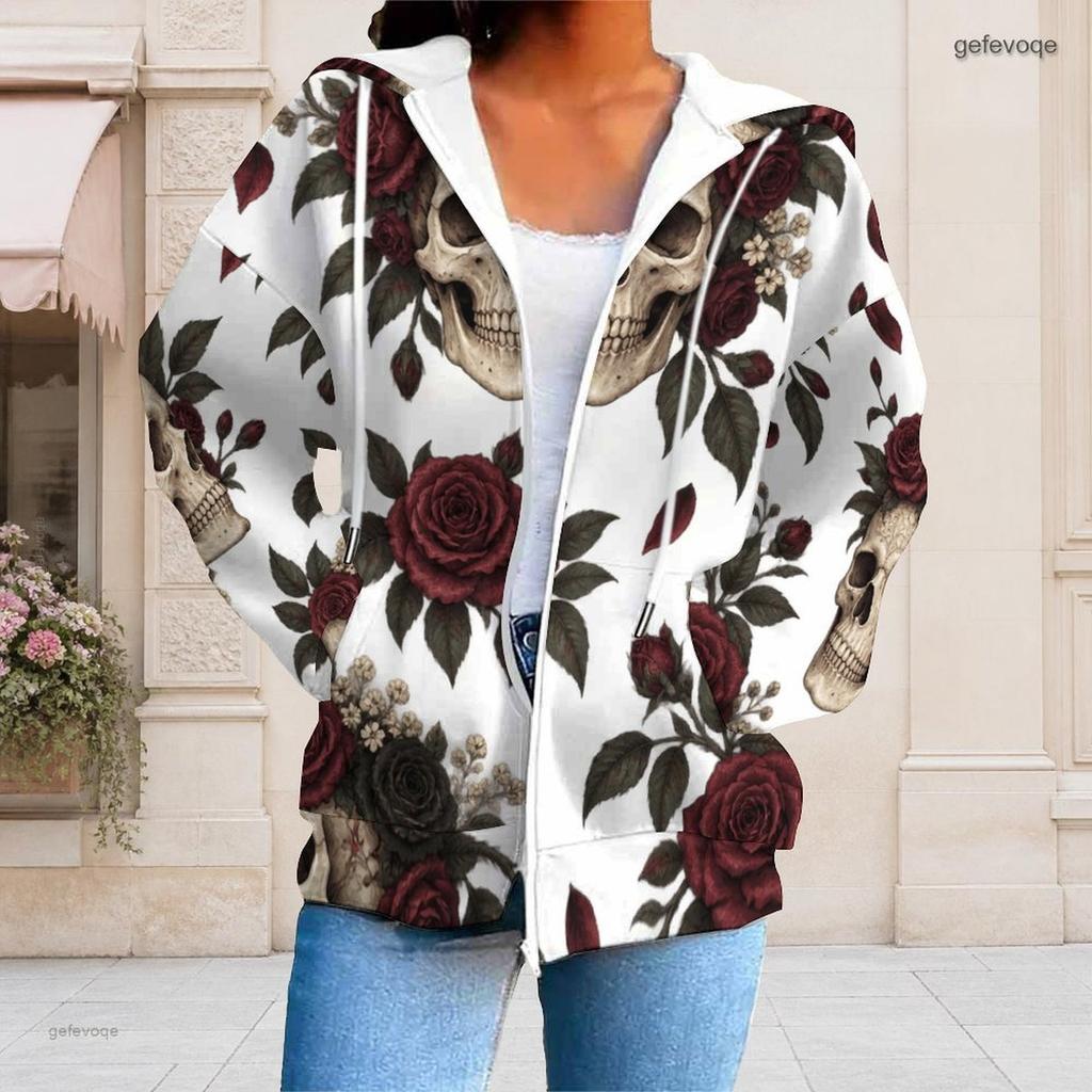 Women Plus Size Zip Up Long Sleeve Drawstring Hoodie White Dark Rose Bat Key Lock Printed Sweatshirt With Pockets