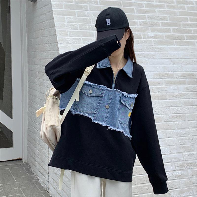 2022 Stylish European & American Street Style Loose Patchwork Denim Polo Hoodie - Women's Fake Two-Piece Top