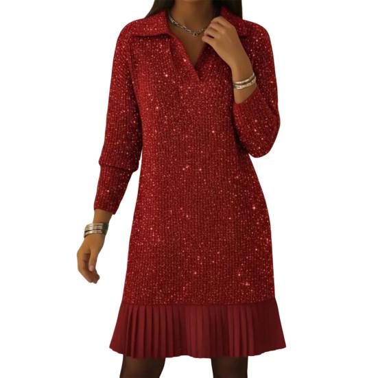 Women Knit Mini Fall Sweater Dress Sparkly Long Sleeve Lapel V Neck Dress Casual Ribbed Pullover Pleated Swing Dress