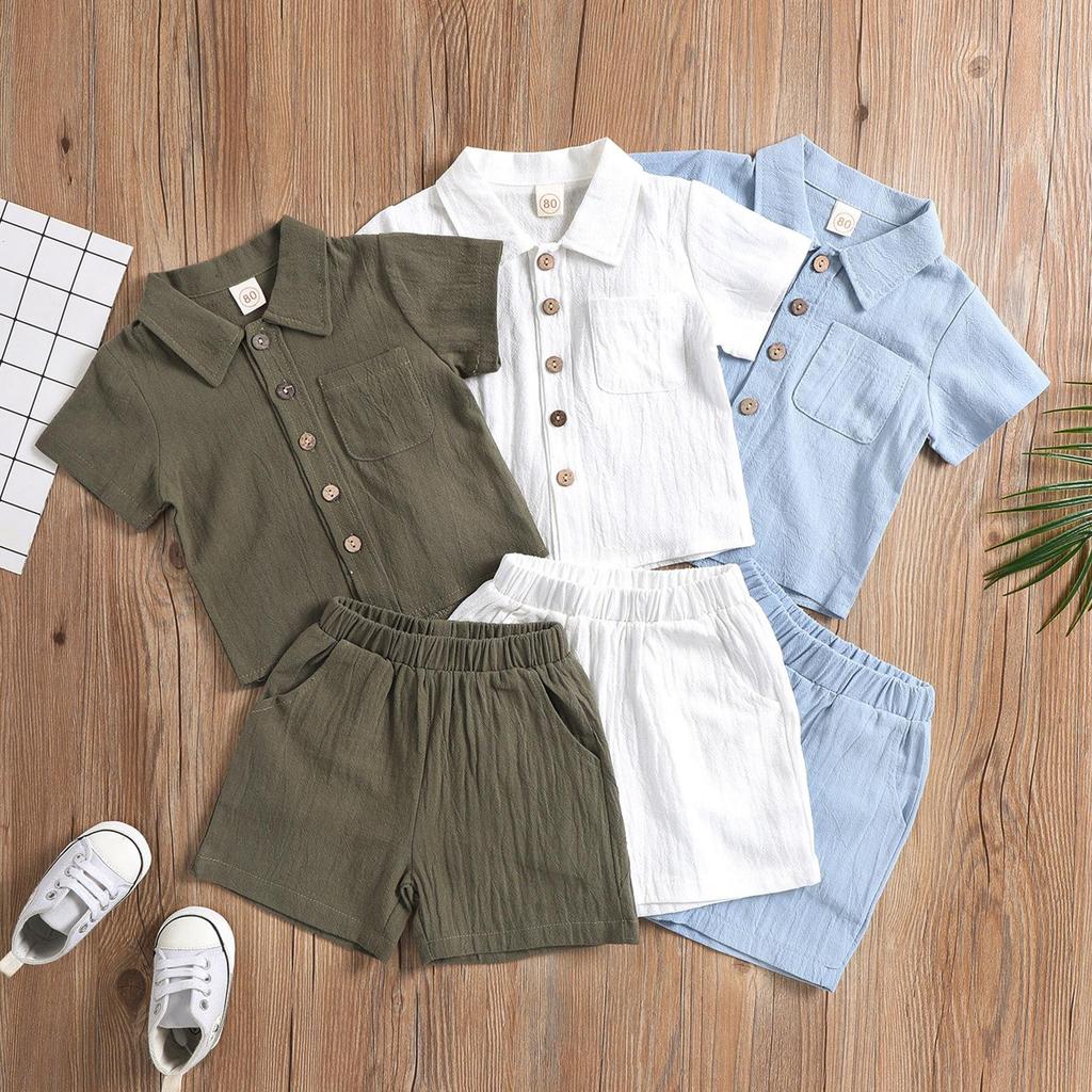 Boys' Summer Set: Solid-Color Short-Sleeve Collared Polo Shirt + Shorts Casual Two Piece Set