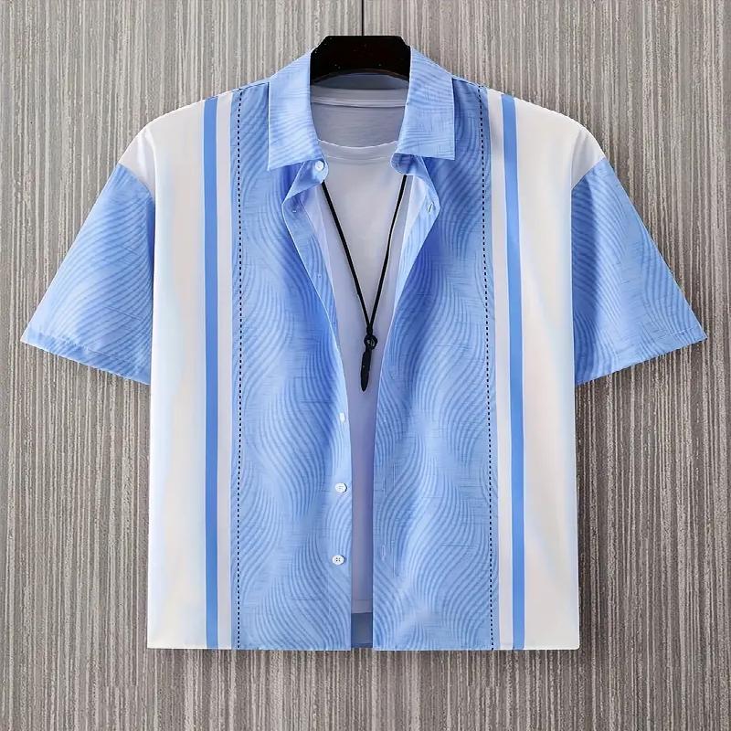 

Мужская повседневная рубашка с короткими рукавами и геометрическим узором, летний стиль, обычный узор, состав из полиэфирного волокна, модные пуговицы 5XL небесно-голубой