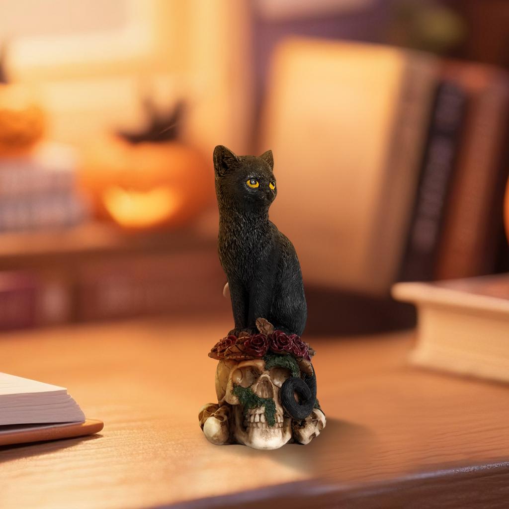 Witchcraft Cat, Mystery Cat Sitting On A Skeleton, Poisonous Rose  Statue 3D Cat Skeleton Decoration