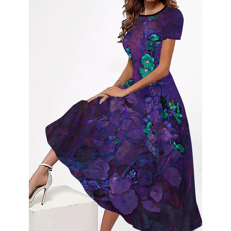 Womens Loose Fit Cotton Print Short Sleeve Round Neck Midi Dress Casual Wear