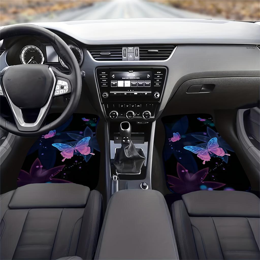 4pcs Purple Butterflies Printed Car Floor Mats, Heavy Duty Car Mats, Car Accessories, Universal Fit