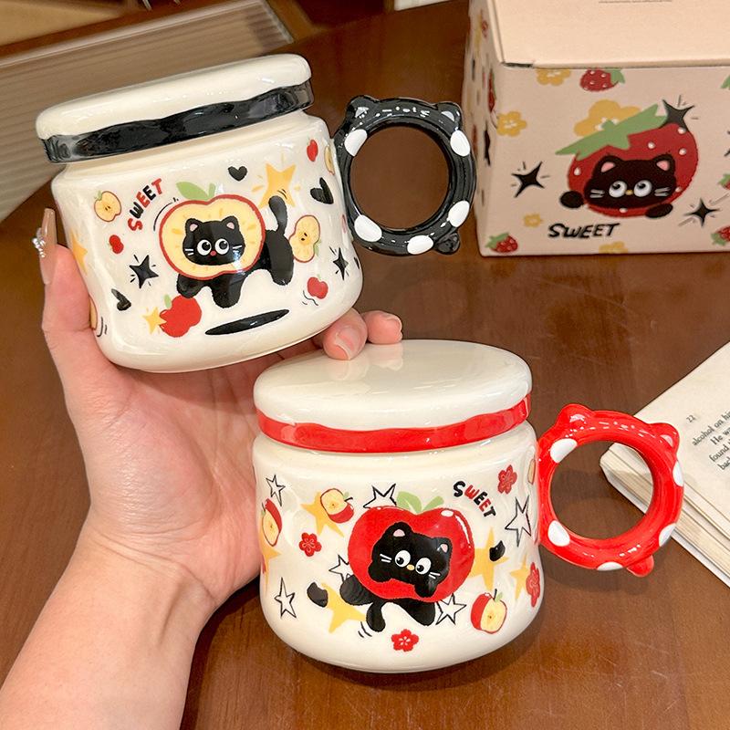 Cartoon Fruit Black Cat Ceramic Cup with Lid Cute Animal Household Mug Breakfast Milk Oatmeal Cup Souvenir