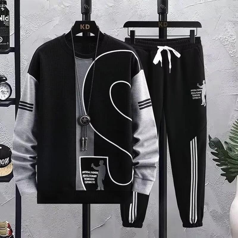 

Весна и осень Повседневная футболка с длинными рукавами Мужская вафельная одежда Модный костюм свитер Одежда Свободная футболка и брюки XXXL чёрный