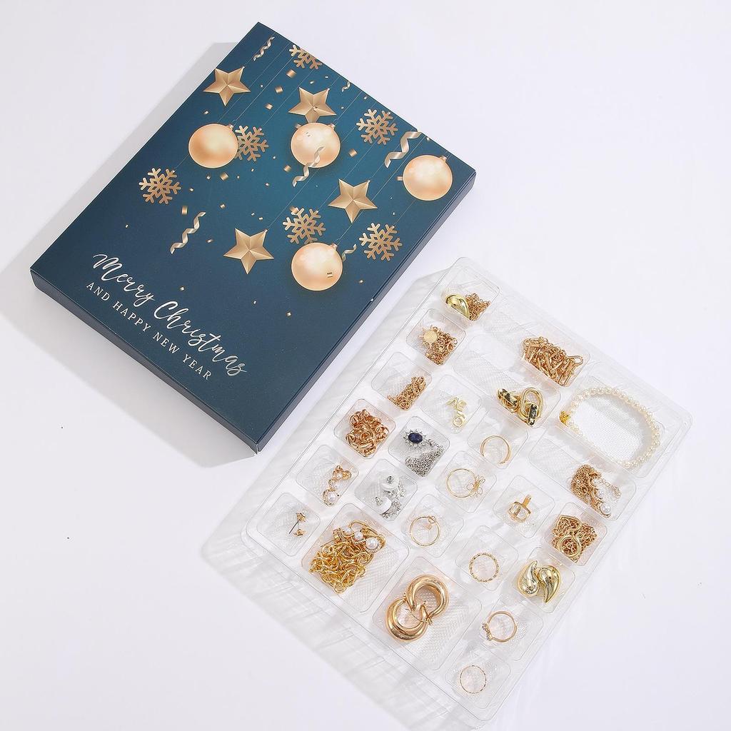 Holiday Gold Jewelry Set: Necklace, Beaded Bracelet, Ring, Earrings & Advent DIY Gift Box