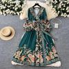 New Printted High Street Dresses For Women V Neck Long Sleeve Patchwork Sashes Temperament Dress Female Dresses